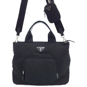 Prada ReNylon Saffiano Leather Tote Bag signature enamel triangle logo Black